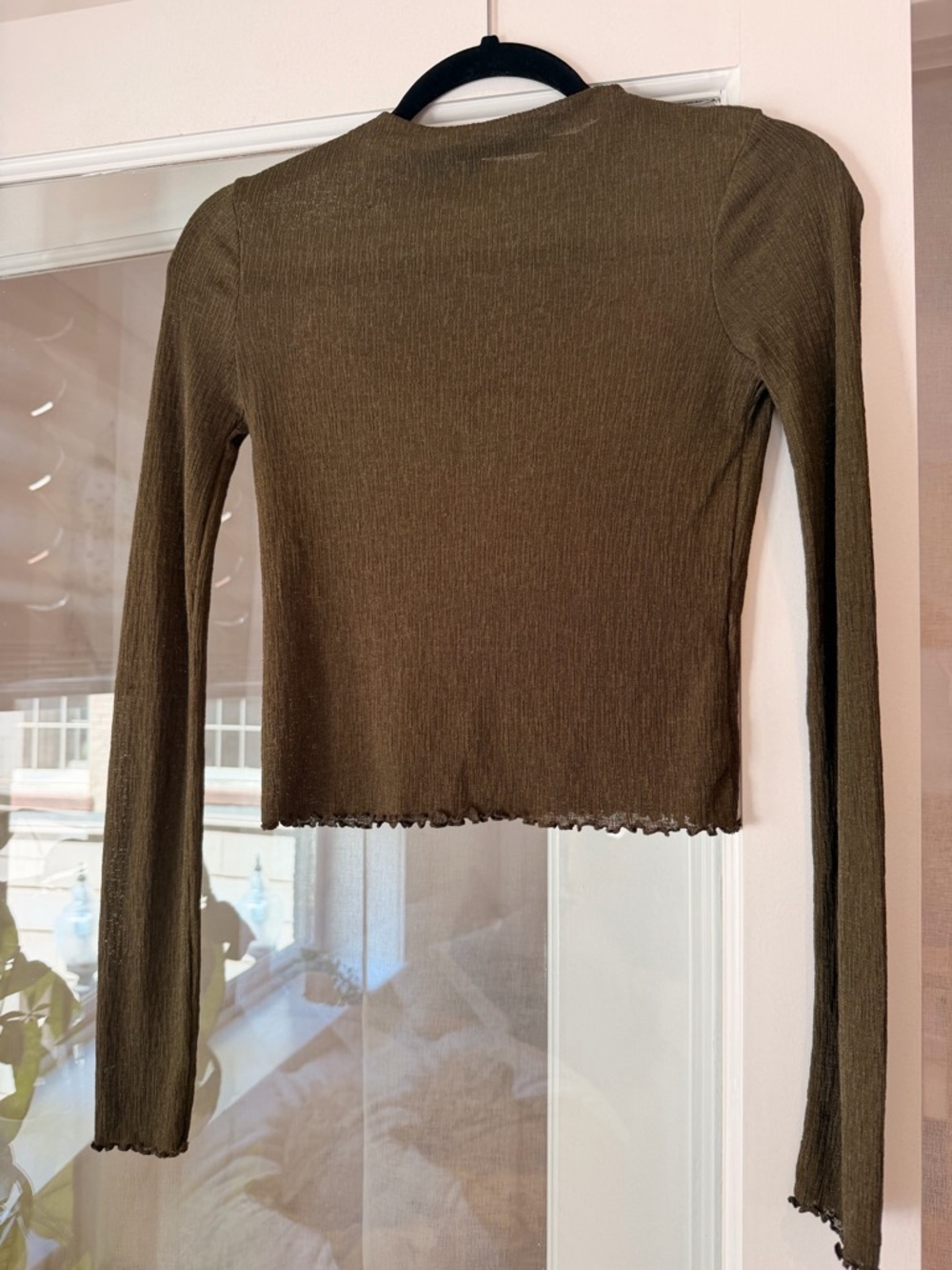 Zara Olive Ribbed Long-Sleeve Crop Top
